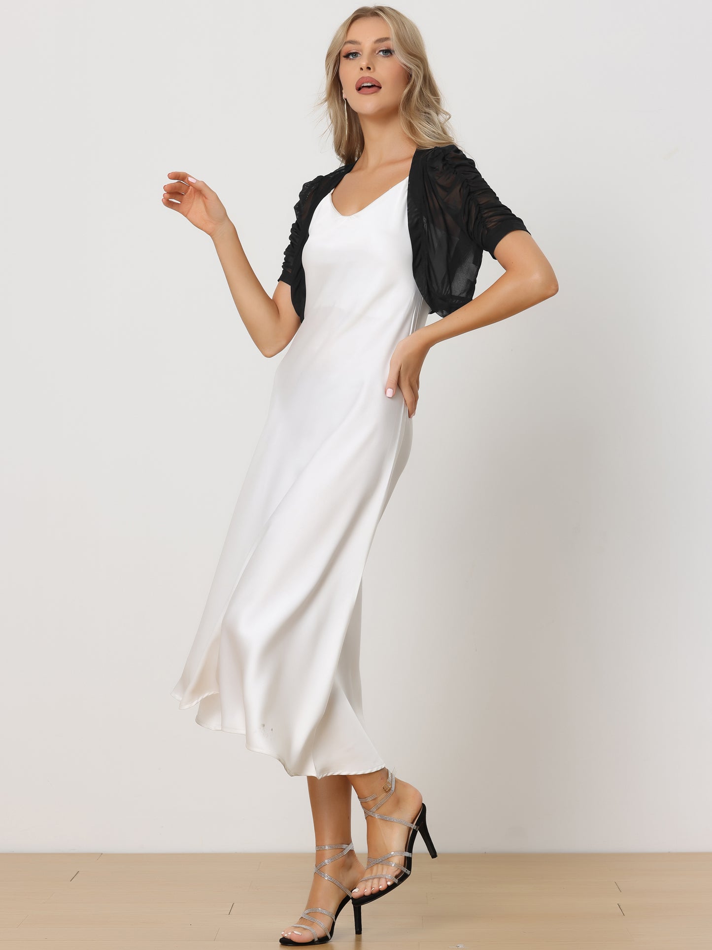Women's Open Front Cropped Cardigan Bolero Casual Short Sleeve Mesh Sheer Shrug