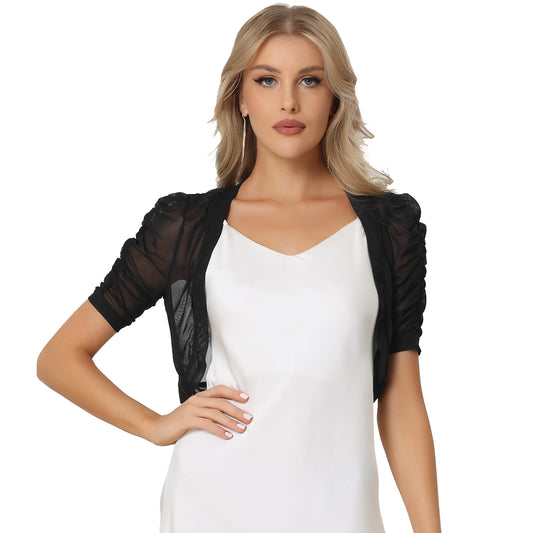 Women's Open Front Cropped Cardigan Bolero Casual Short Sleeve Mesh Sheer Shrug