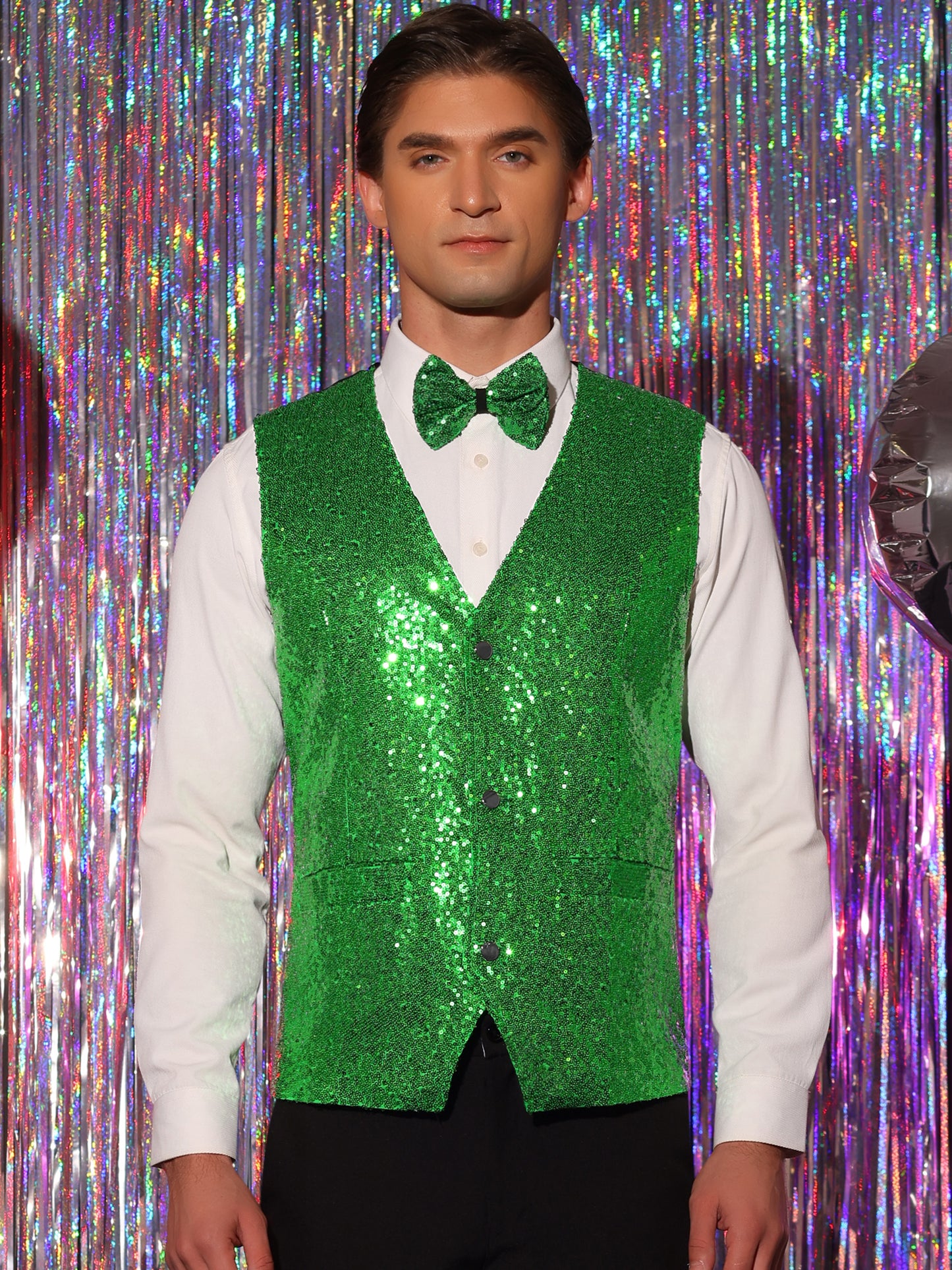 [PACK SALES] Men's 2 Pieces Disco Shiny Sequin Sleeveless Suit Waistcoat Set with Bow Tie