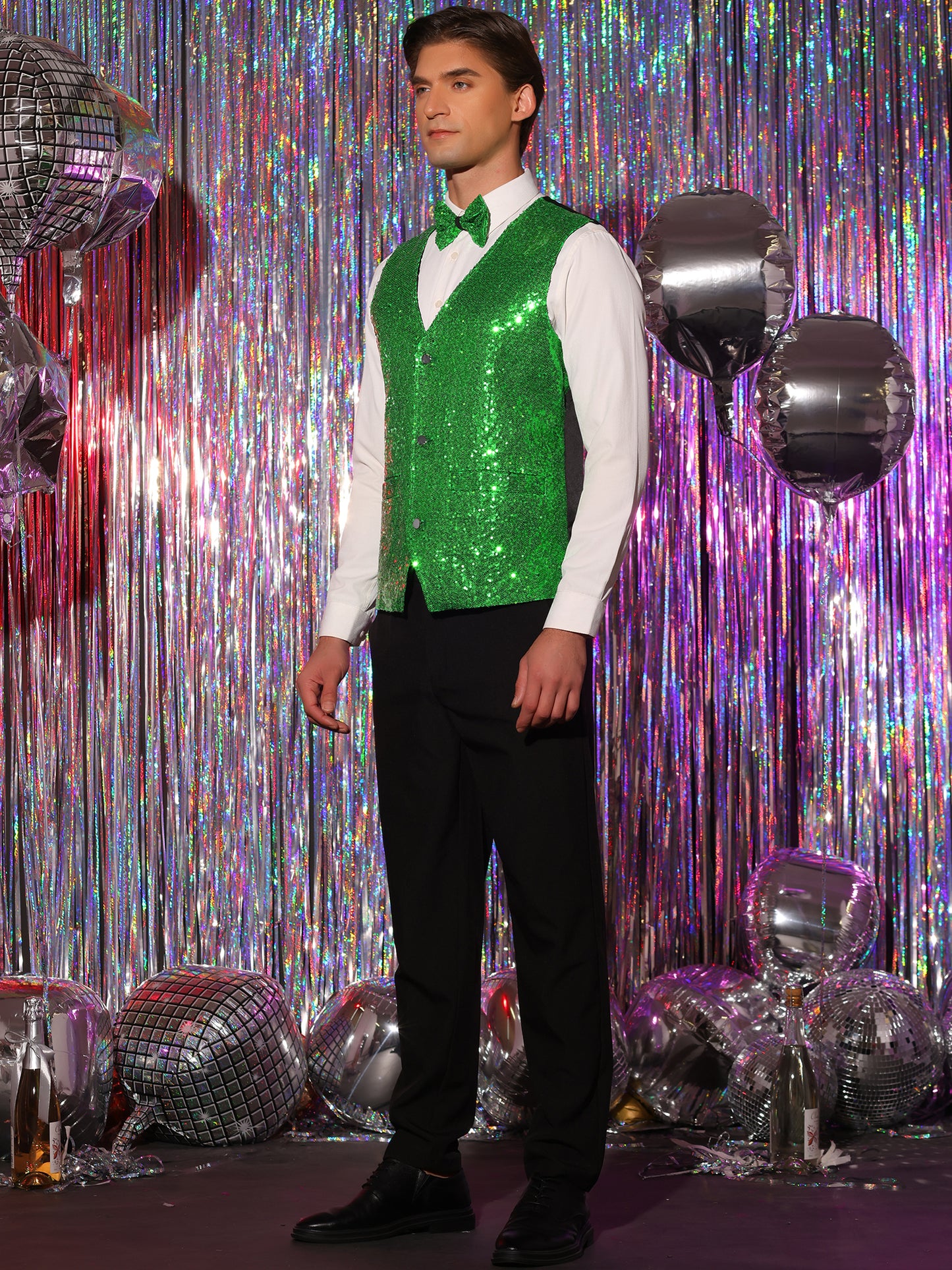 [PACK SALES] Men's 2 Pieces Disco Shiny Sequin Sleeveless Suit Waistcoat Set with Bow Tie