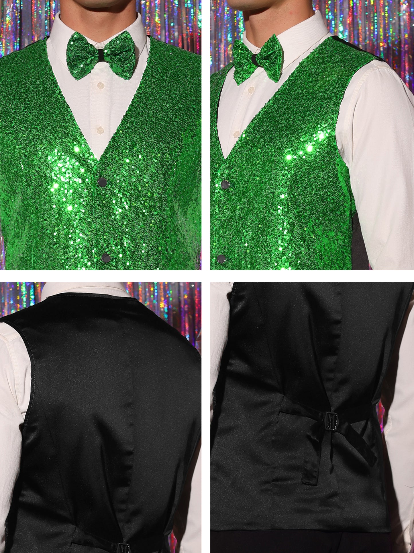 [PACK SALES] Men's 2 Pieces Disco Shiny Sequin Sleeveless Suit Waistcoat Set with Bow Tie