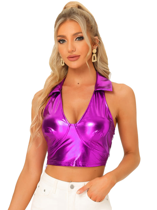 Women's Metallic Crop Top Clubwear Party Halter Rave Chrome Shirt Halter Neck Holographic Top
