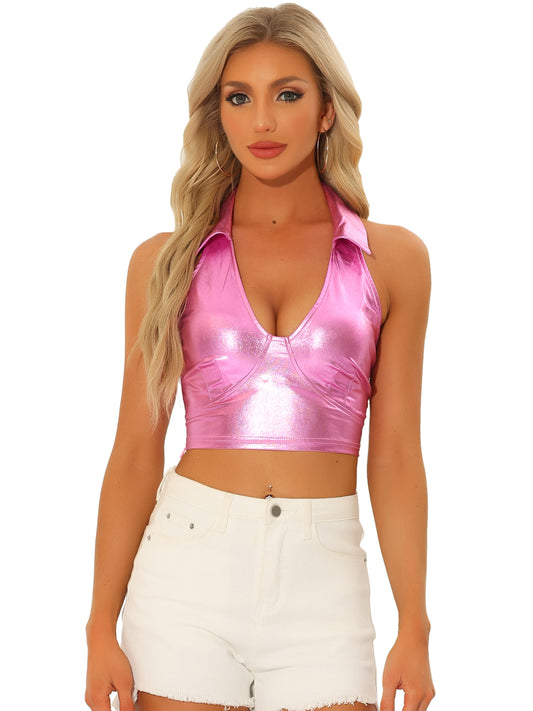 Women's Metallic Crop Top Clubwear Party Halter Rave Chrome Shirt Halter Neck Holographic Top