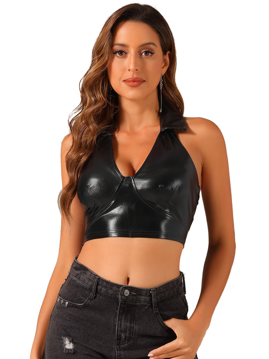 Women's Metallic Crop Top Clubwear Party Halter Rave Chrome Shirt Halter Neck Holographic Top