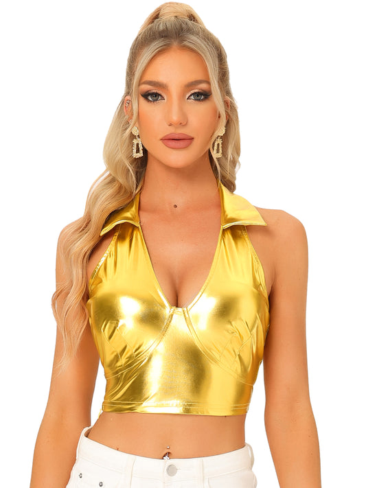 Women's Metallic Crop Top Clubwear Party Halter Rave Chrome Shirt Halter Neck Holographic Top