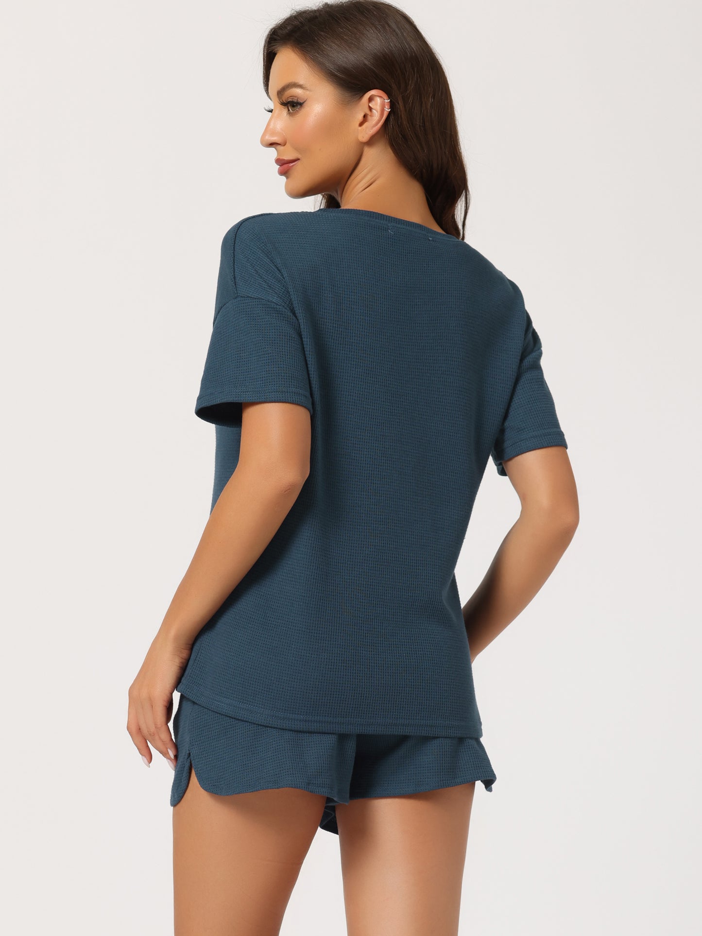 Women's Lounge Set with Pockets Waffle Outfits T-shirt and Shorts Loungewear Sweatsuit