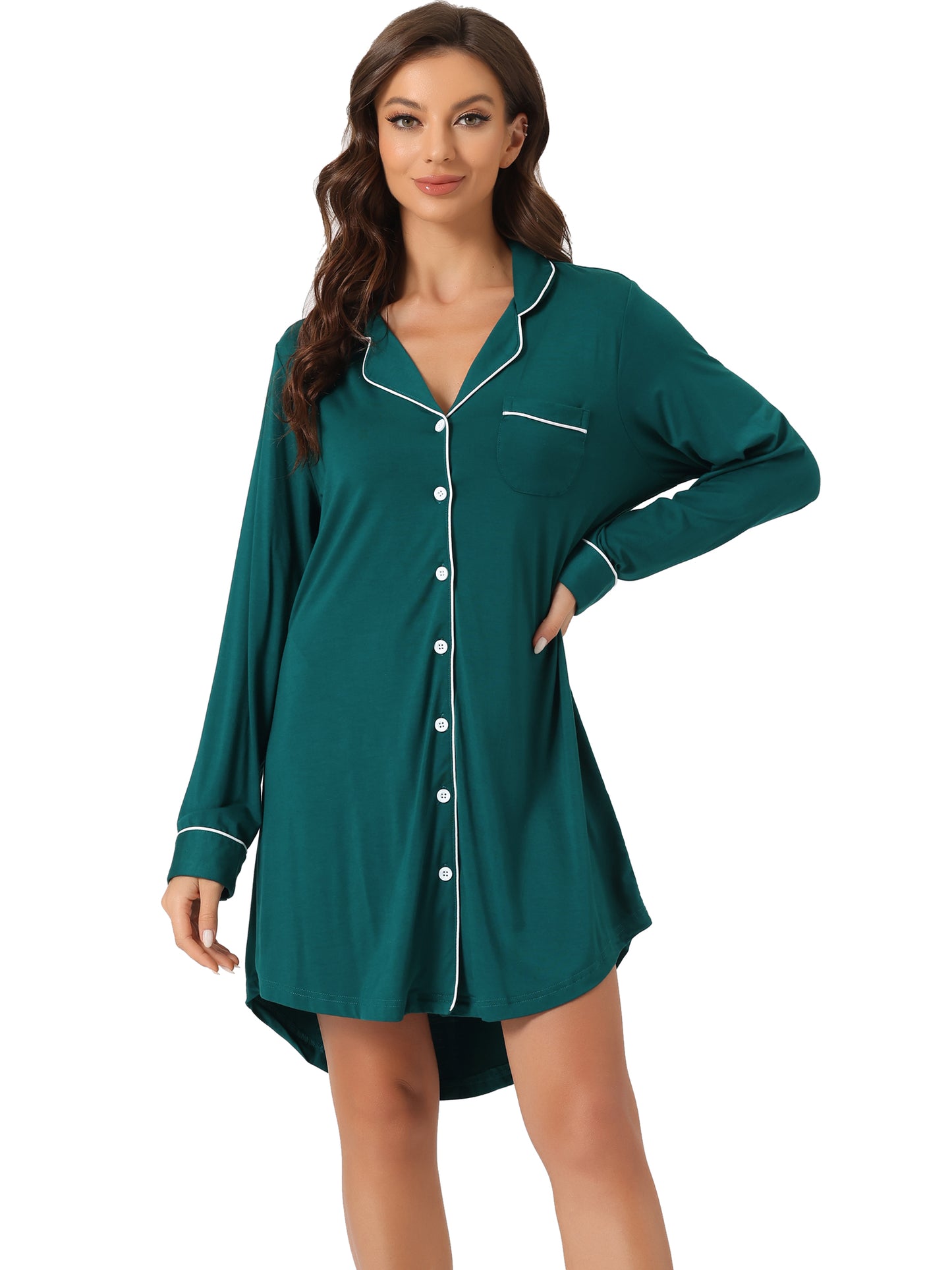 cheibear Pajamas Nightshirt Short Sleeves Button Down Shirt Dress Dark Green
