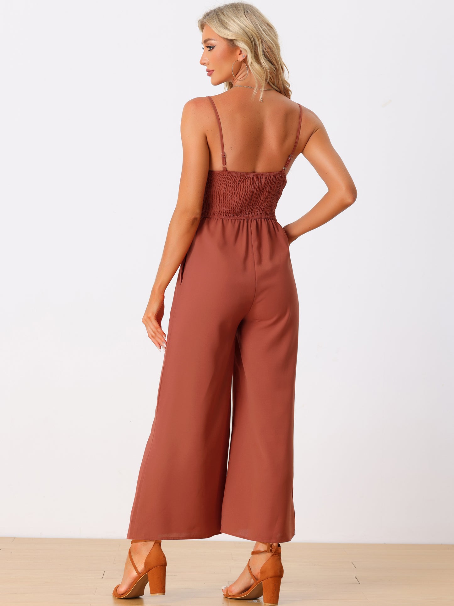 Women's Casual Sleeveless Cut Out Smocked Loose Wide Leg Romper Summer Jumpsuits