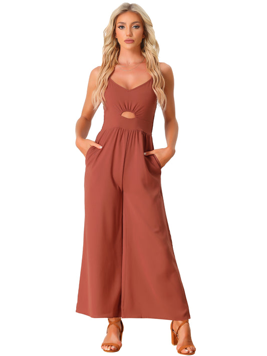 Women's Casual Sleeveless Cut Out Smocked Loose Wide Leg Romper Summer Jumpsuits