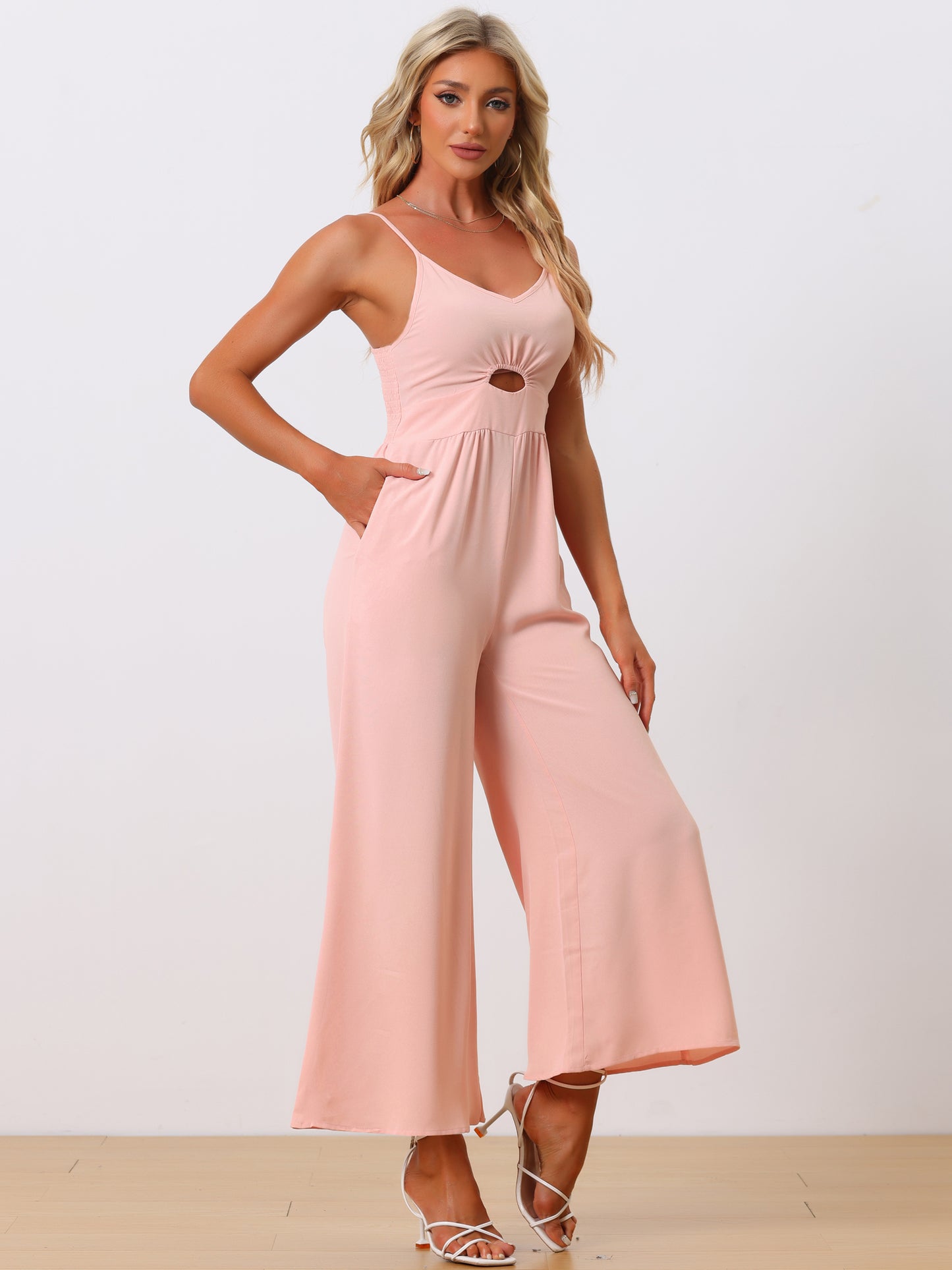 Women's Casual Sleeveless Cut Out Smocked Loose Wide Leg Romper Summer Jumpsuits