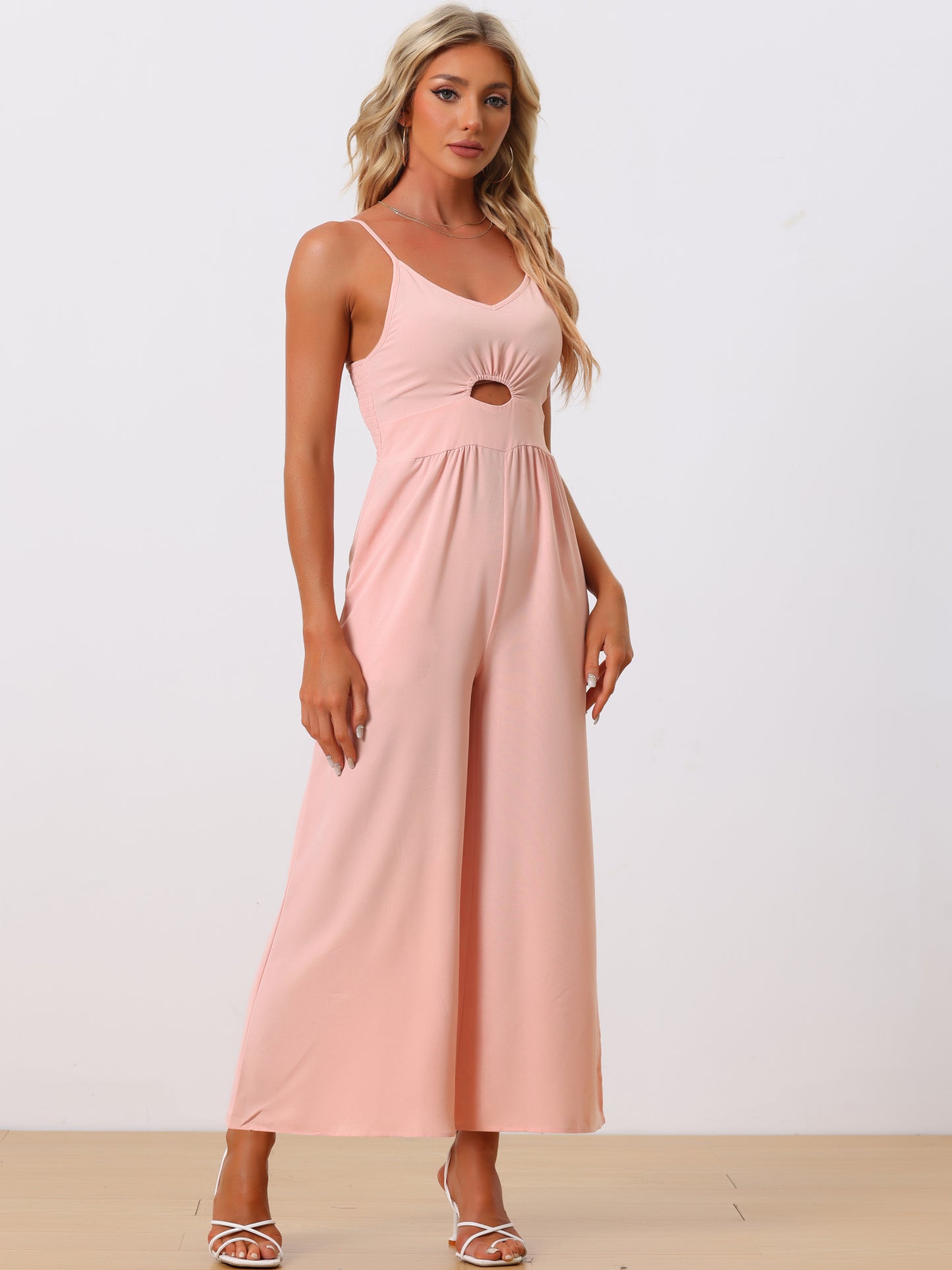 Women's Casual Sleeveless Cut Out Smocked Loose Wide Leg Romper Summer Jumpsuits