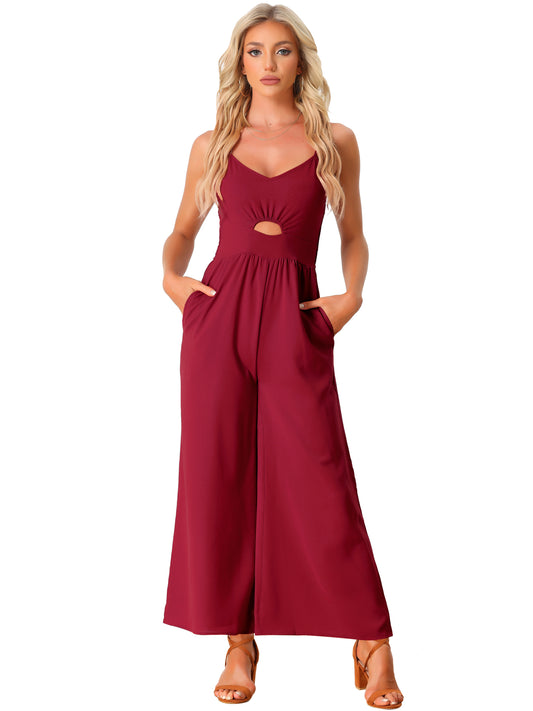Women's Casual Sleeveless Cut Out Smocked Loose Wide Leg Romper Summer Jumpsuits