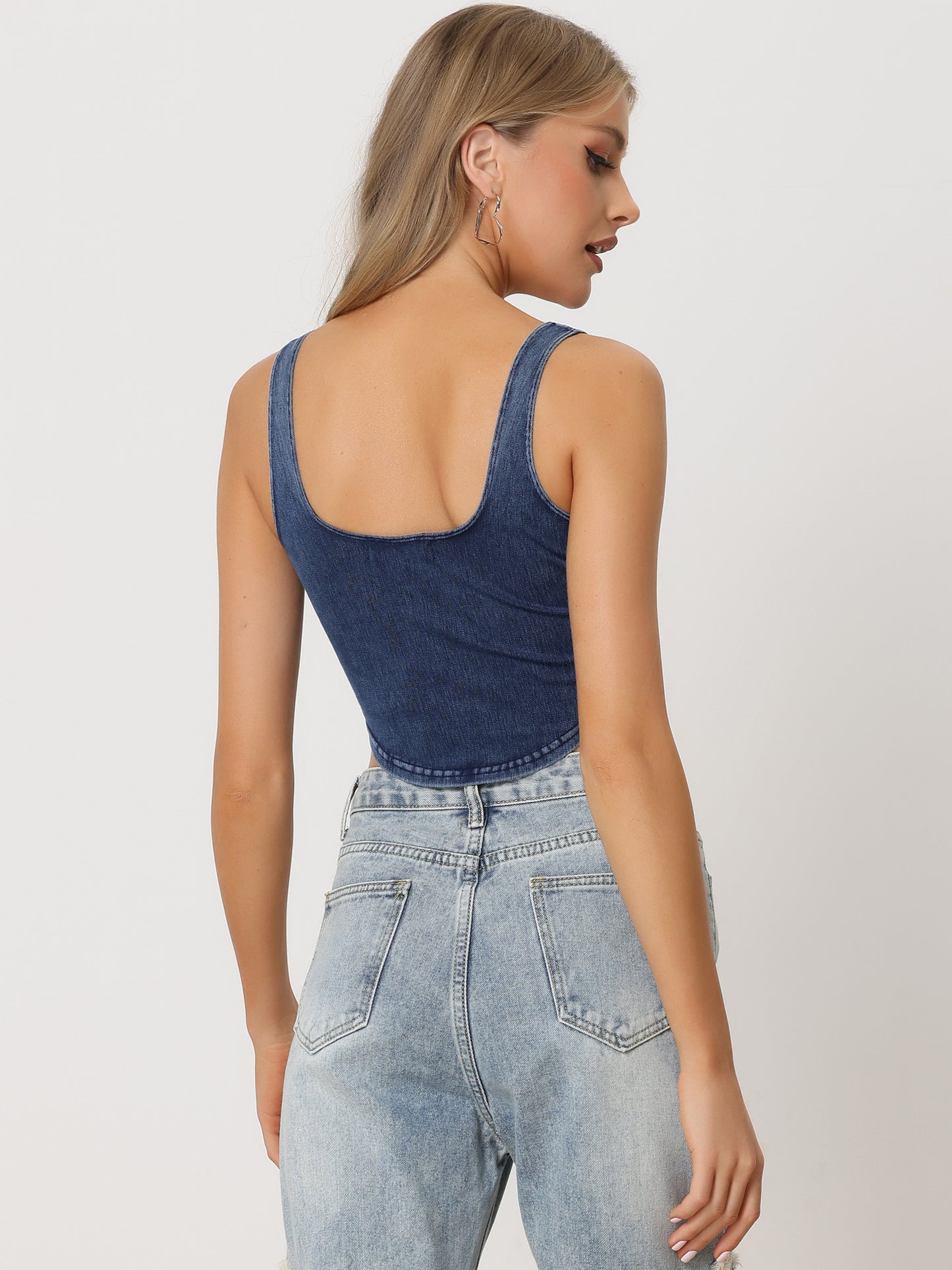 Women's Denim Tank Top Scoop Neck Stretchy Sleeveless Cropped Jean Vest