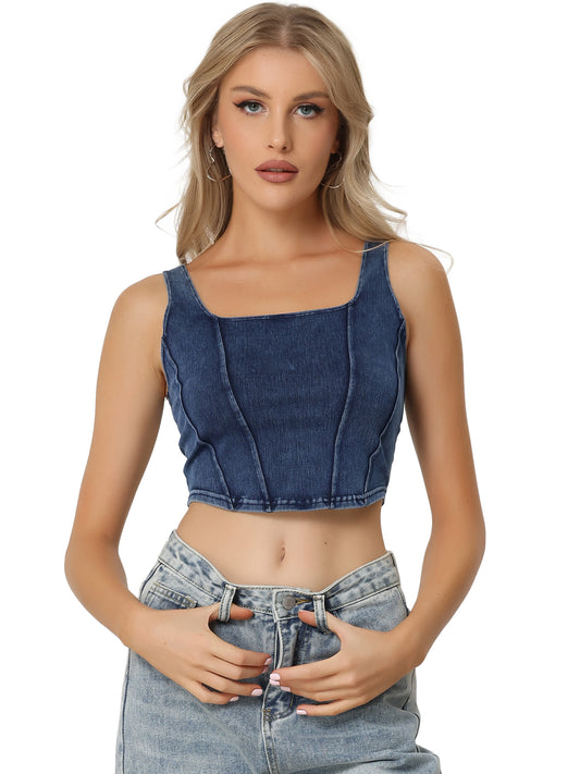 Women's Denim Tank Top Scoop Neck Stretchy Sleeveless Cropped Jean Vest