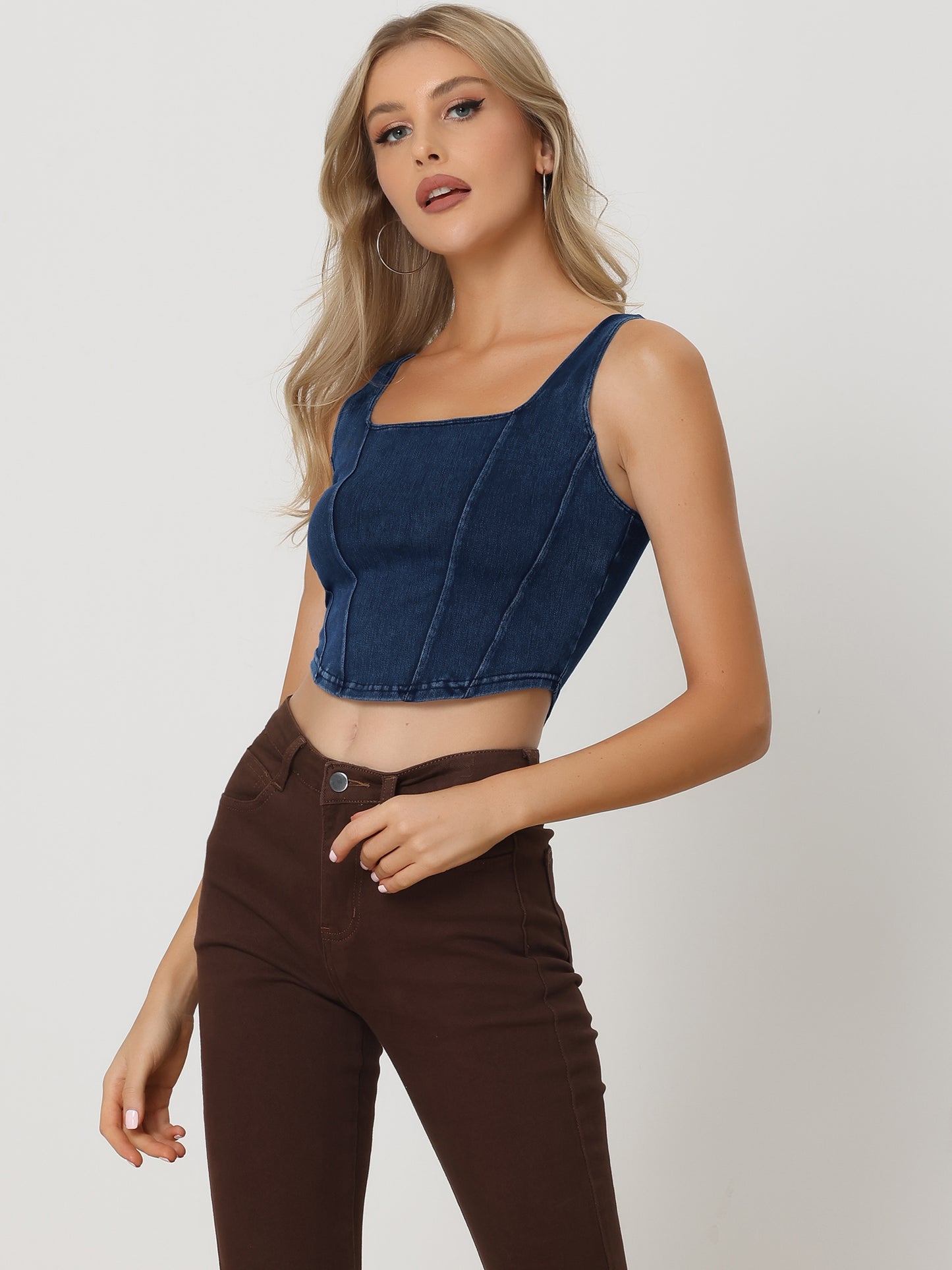 Women's Denim Tank Top Scoop Neck Stretchy Sleeveless Cropped Jean Vest