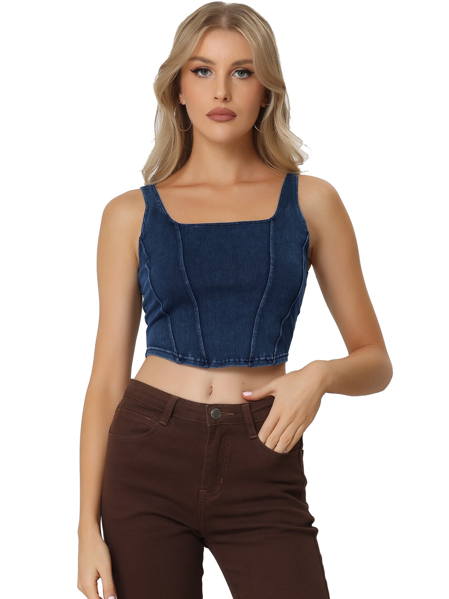 Women's Denim Tank Top Scoop Neck Stretchy Sleeveless Cropped Jean Vest