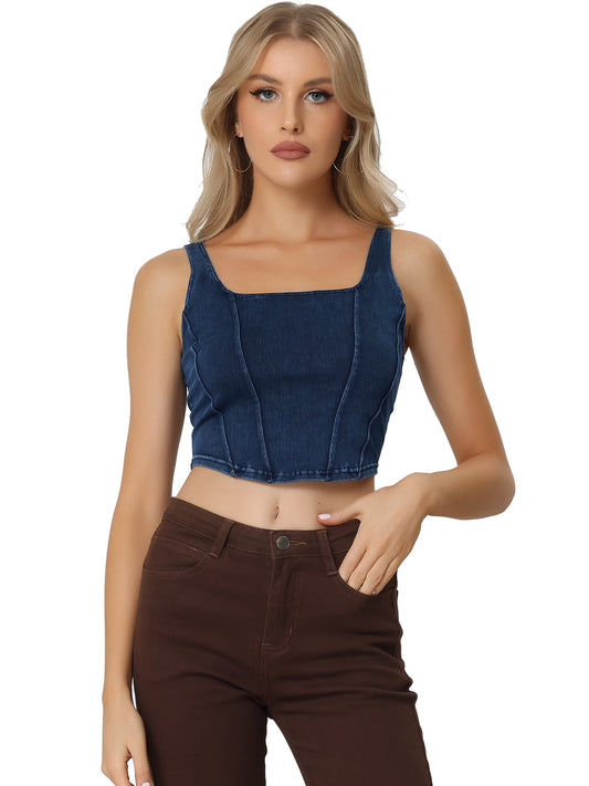 Women's Denim Tank Top Scoop Neck Stretchy Sleeveless Cropped Jean Vest