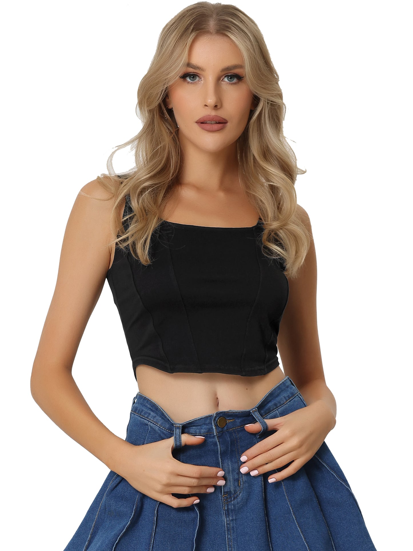 Women's Denim Tank Top Scoop Neck Stretchy Sleeveless Cropped Jean Vest
