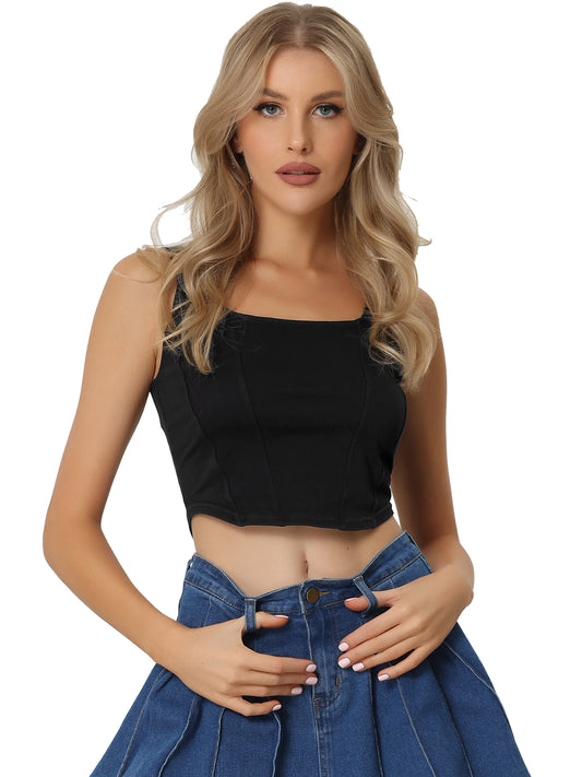 Women's Denim Tank Top Scoop Neck Stretchy Sleeveless Cropped Jean Vest