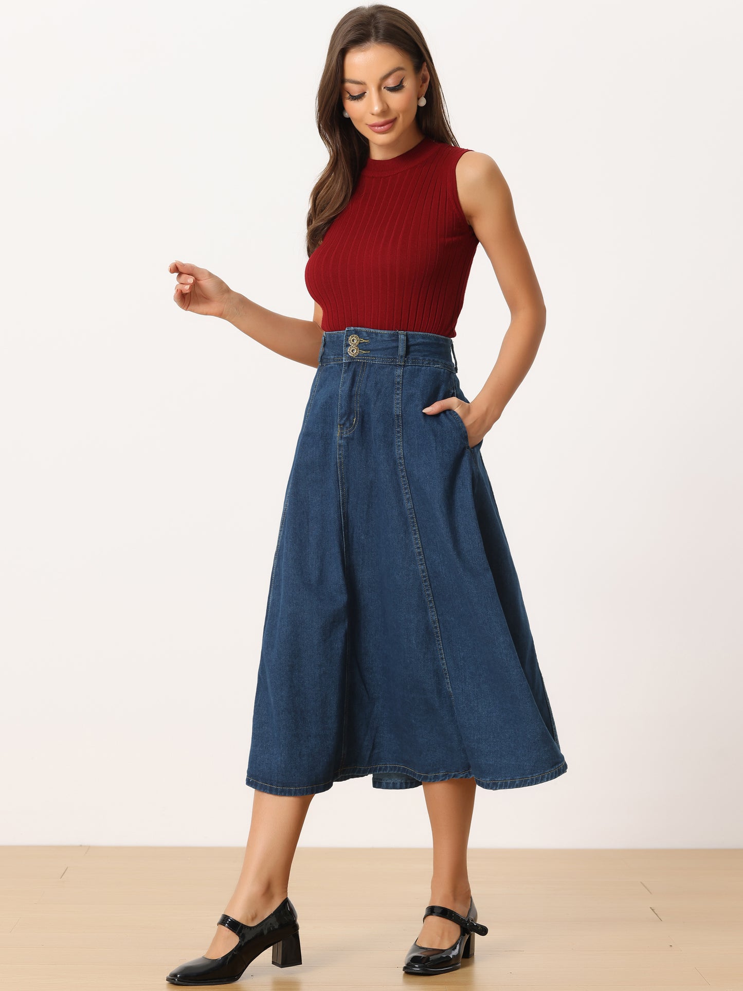 Women's Casual Denim Skirt High Waist A-Line Classic Midi Long Jean Skirts