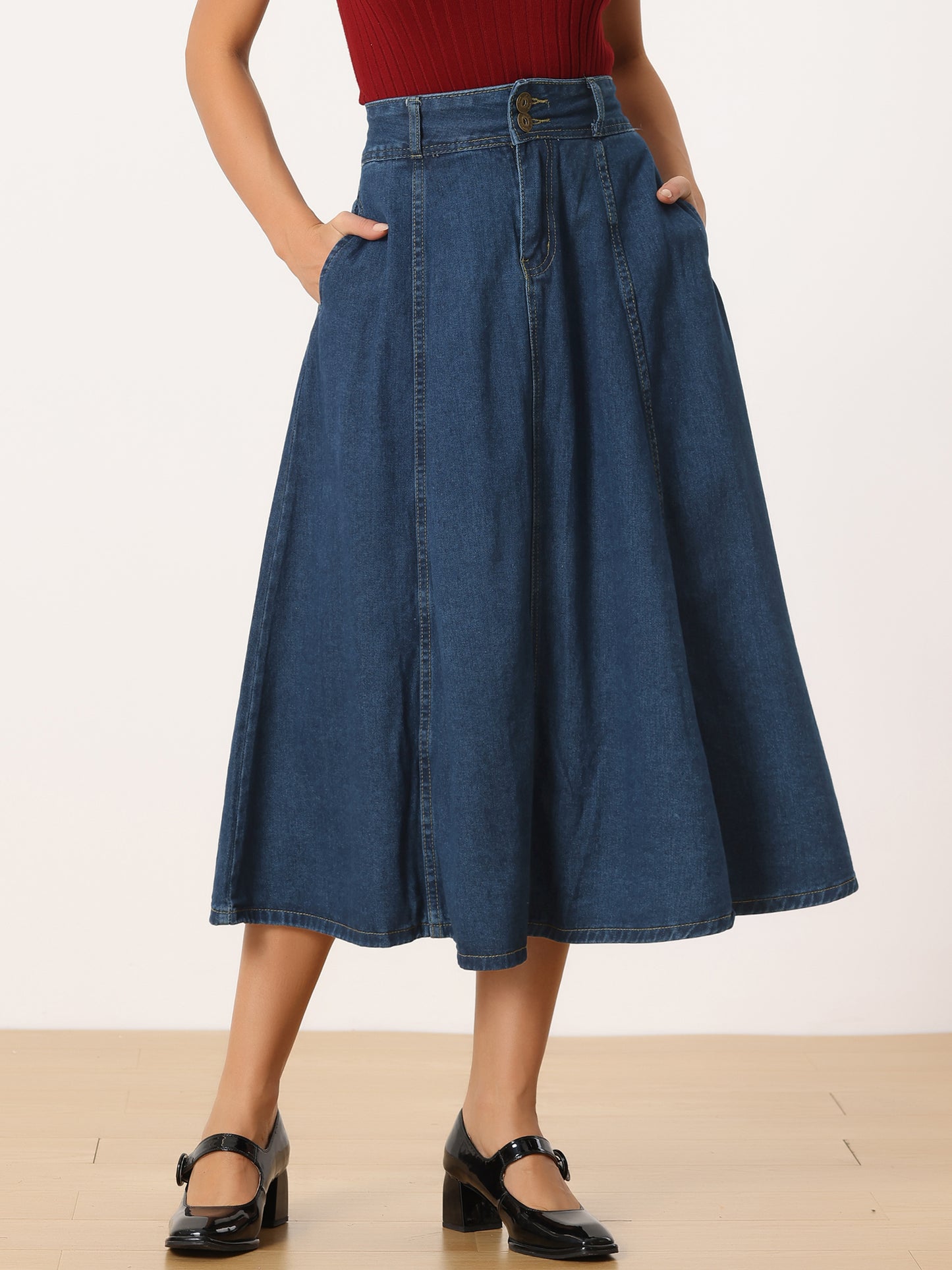 Women's Casual Denim Skirt High Waist A-Line Classic Midi Long Jean Skirts