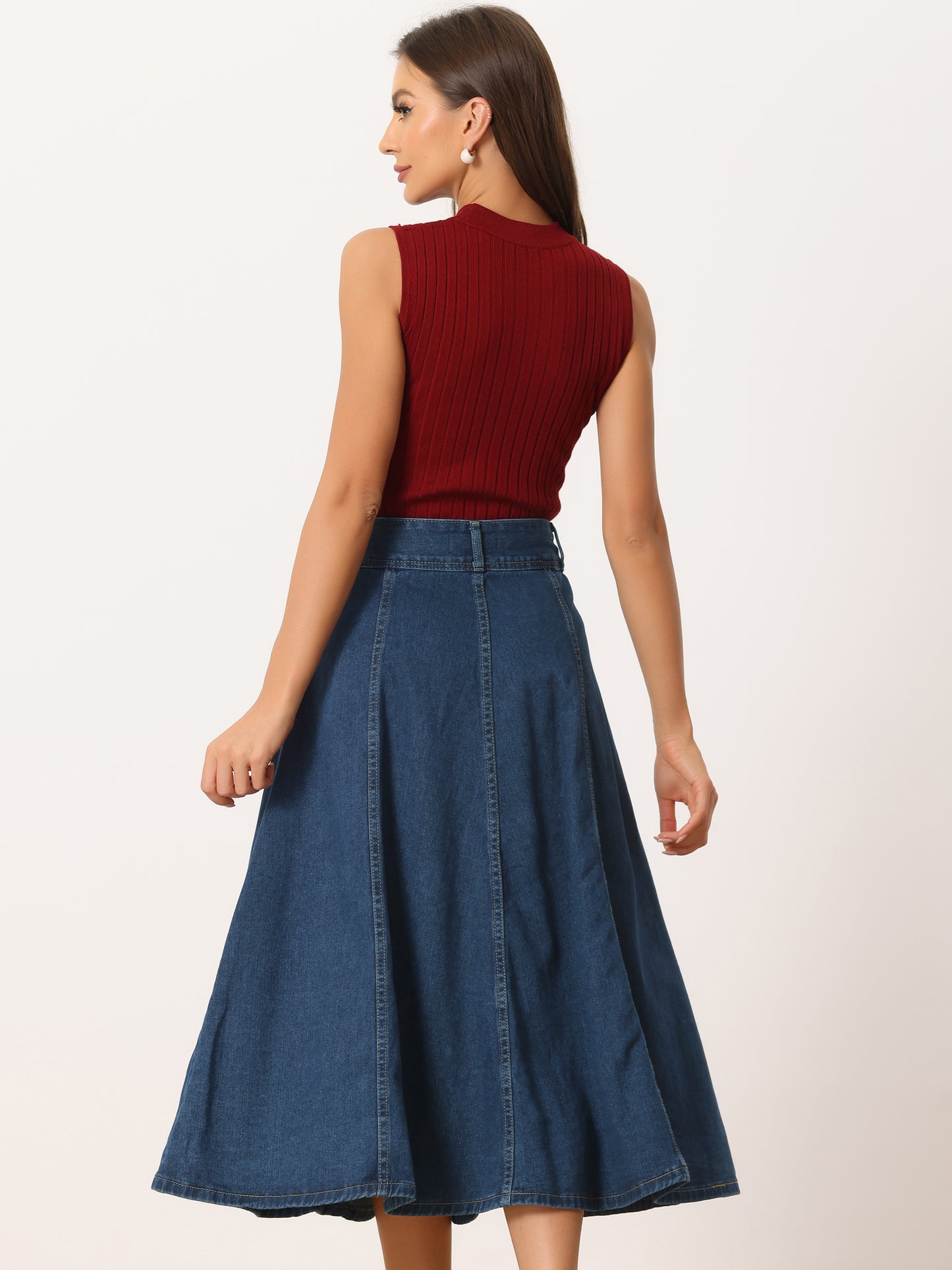Women's Casual Denim Skirt High Waist A-Line Classic Midi Long Jean Skirts