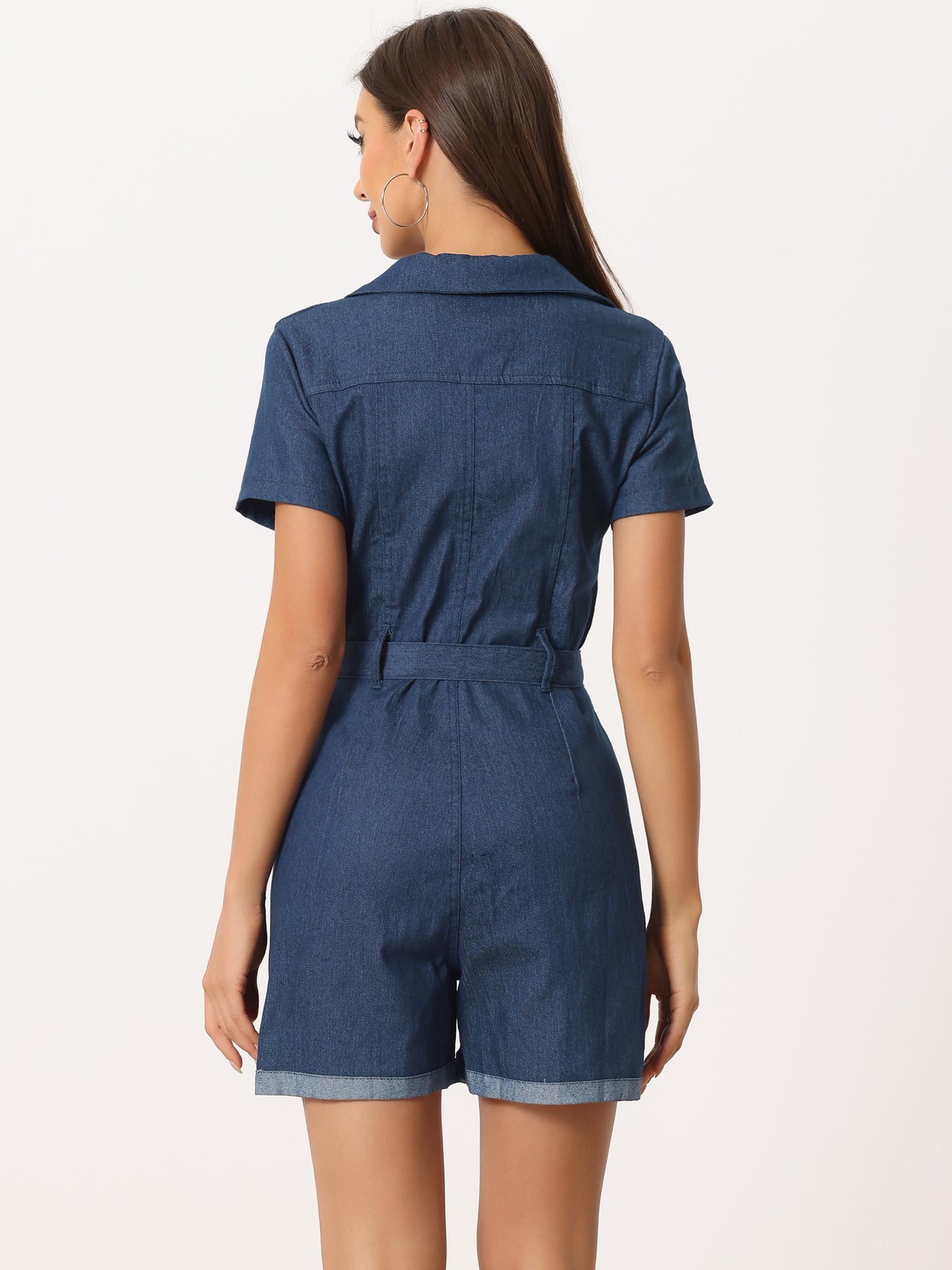 Women's Chambray Romper Zip Up Tie Waist Casual Denim Jumpsuit with Pockets