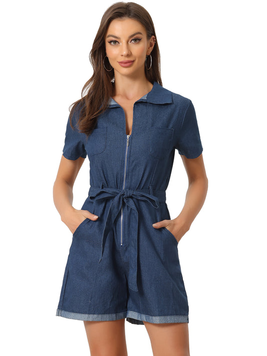 Women's Chambray Romper Zip Up Tie Waist Casual Denim Jumpsuit with Pockets