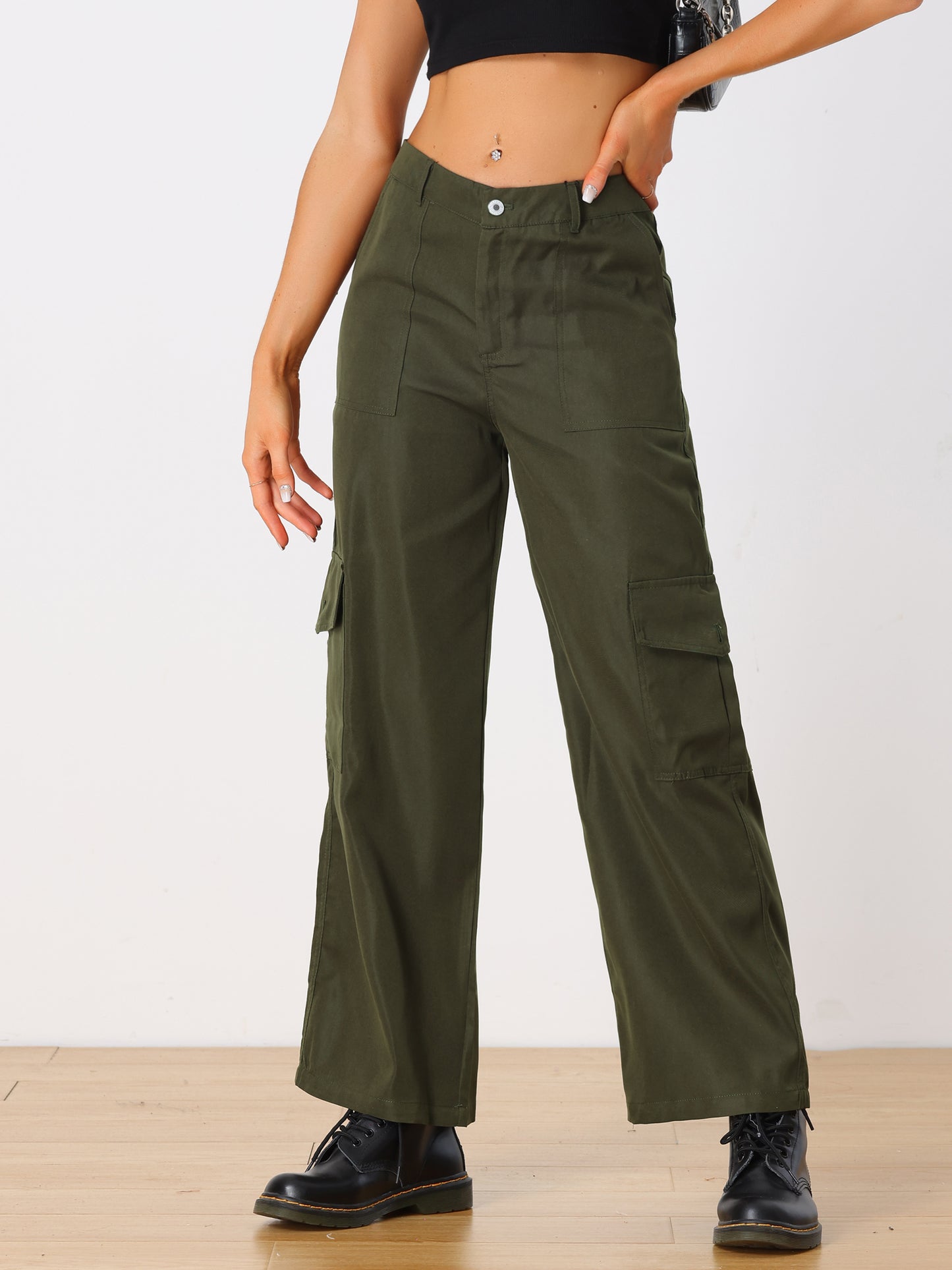 Pantalones cargo para mujer, tiro medio, holgados, pernera ancha, bolsillos, pantalones casuales