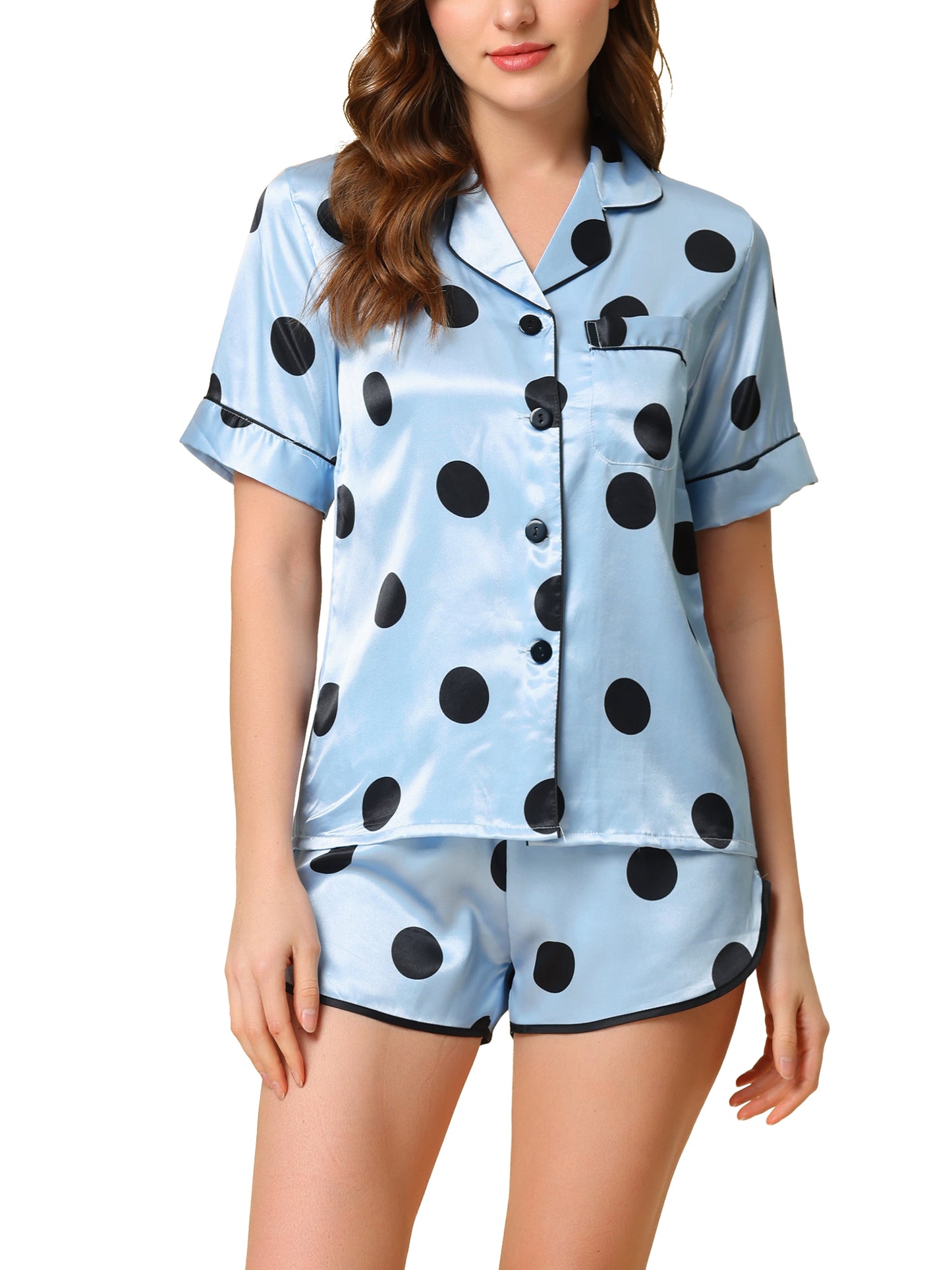 cheibear Satin 2pcs Lounge Sleepwear T-Shirt and Shorts Polka Dots Pajama Sets Blue