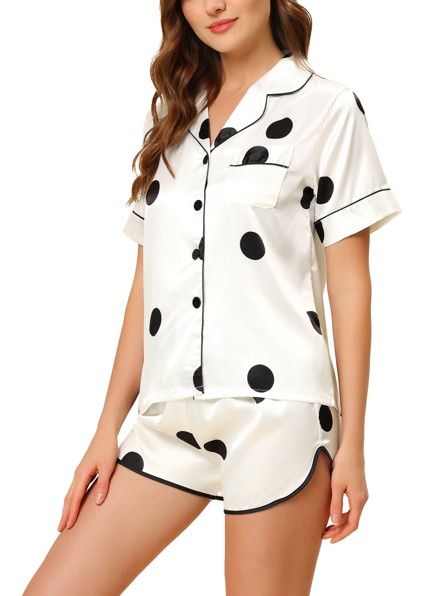 cheibear Satin 2pcs Lounge Sleepwear T-Shirt and Shorts Polka Dots Pajama Sets White