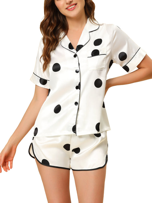 cheibear Satin 2pcs Lounge Sleepwear T-Shirt and Shorts Polka Dots Pajama Sets White