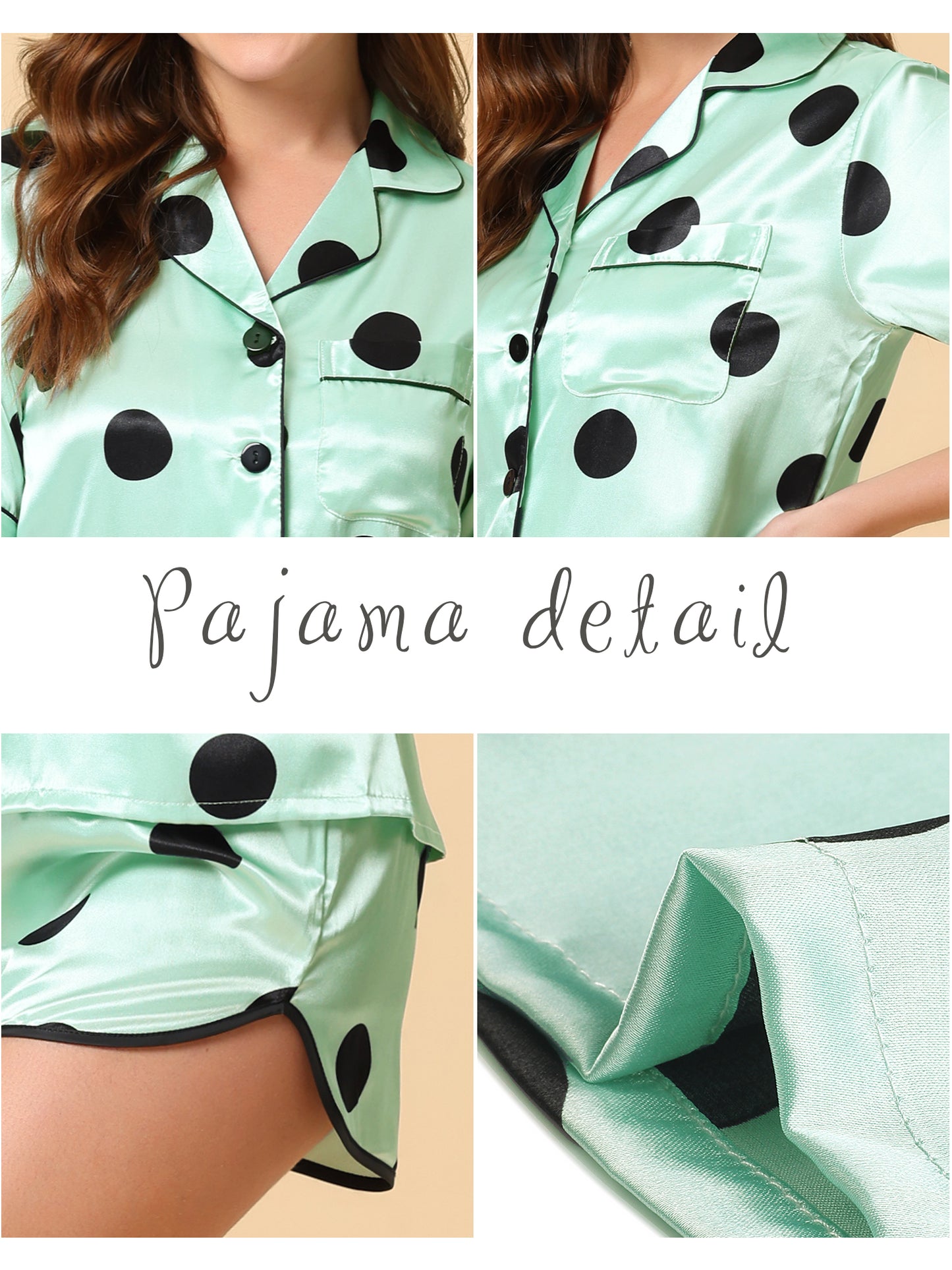 cheibear Satin 2pcs Lounge Sleepwear T-Shirt and Shorts Polka Dots Pajama Sets Green