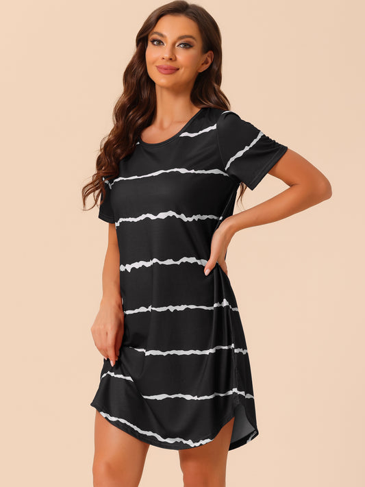 Women Round Neck Nightshirt Striped Short Sleeve Sleepshirt Nightgown (Plus Size Available)