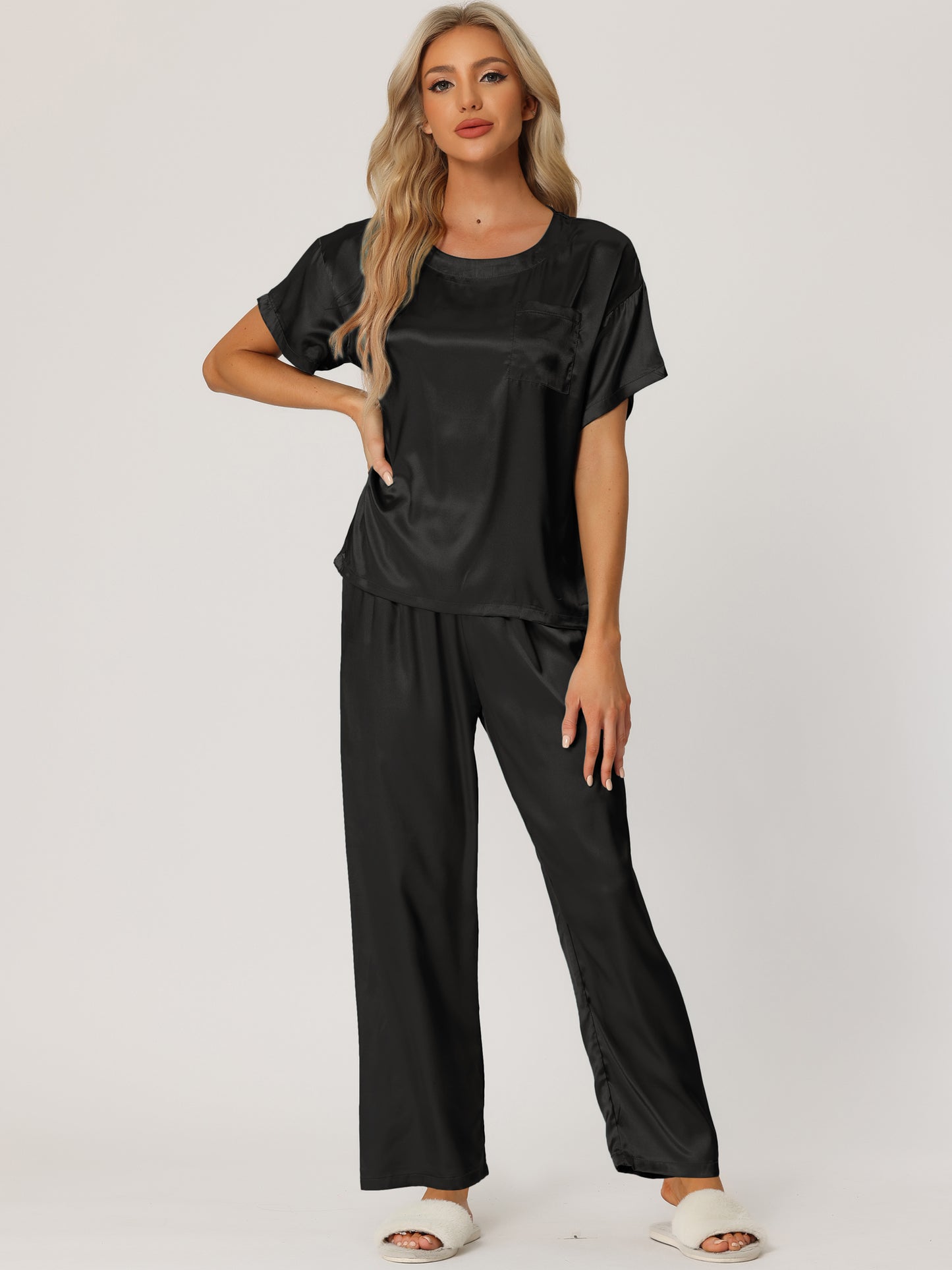 Pyjama en satin pour femme, vêtements de nuit d'été, haut à manches courtes et pantalon, ensemble de détente soyeux