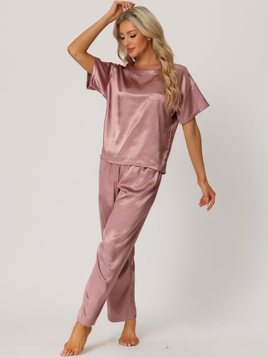 Pijama de satén para mujer, ropa de dormir de verano, blusa de manga corta con pantalones, conjunto de salón sedoso