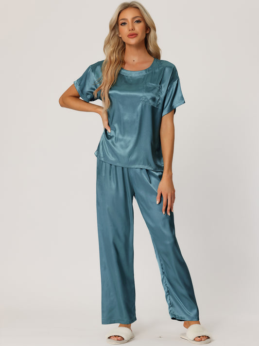 Pijama de satén para mujer, ropa de dormir de verano, blusa de manga corta con pantalones, conjunto de salón sedoso