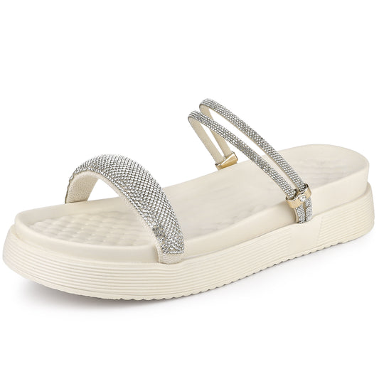 Women Padded Shoes Sparkly Rhinestones Strap Slingback Flatform Slide Sandals