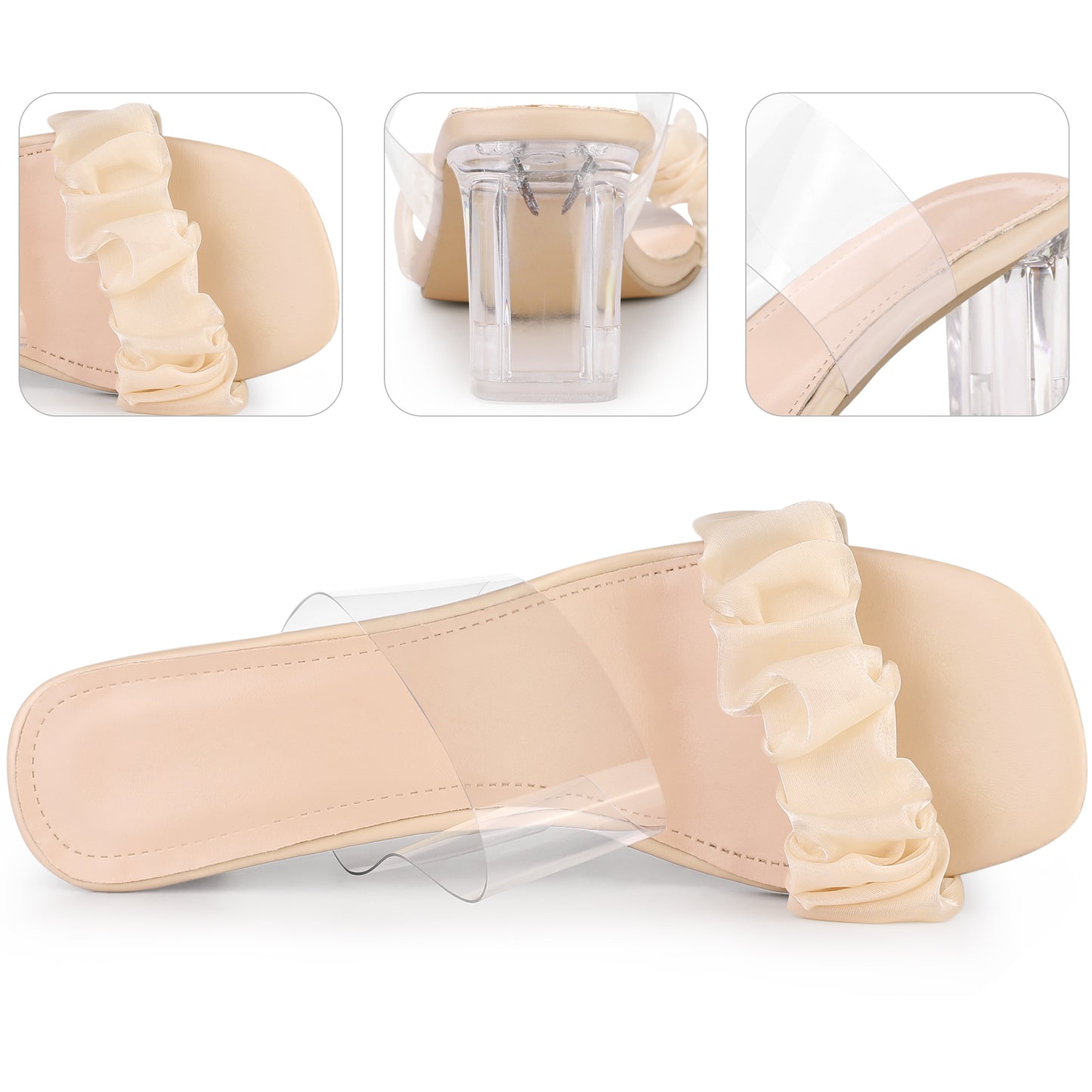 Sandalias de tacón grueso con tiras transparentes para mujer, con punta abierta, sin cordones