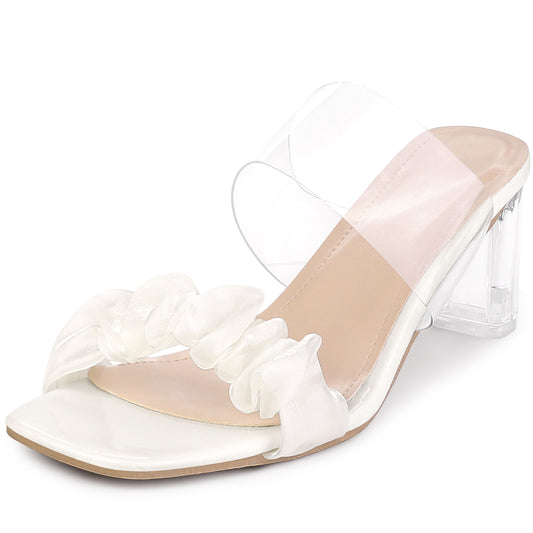 Sandalias de tacón grueso con tiras transparentes para mujer, con punta abierta, sin cordones