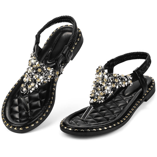 Women Rhinestone Elastic T-Strap Dressy Slip Flat Bohemian Flip Flop Sandals