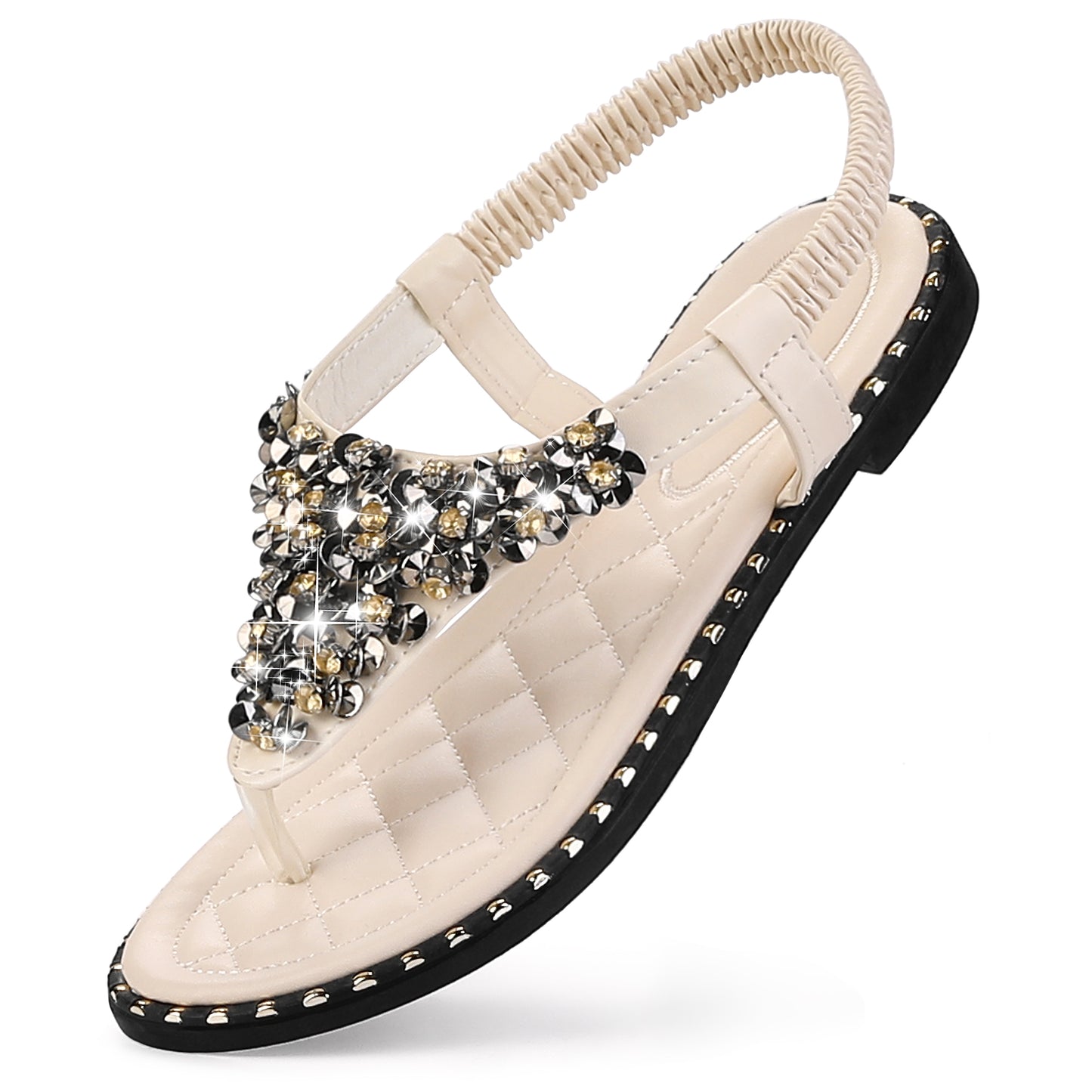 Women Rhinestone Elastic T-Strap Dressy Slip Flat Bohemian Flip Flop Sandals