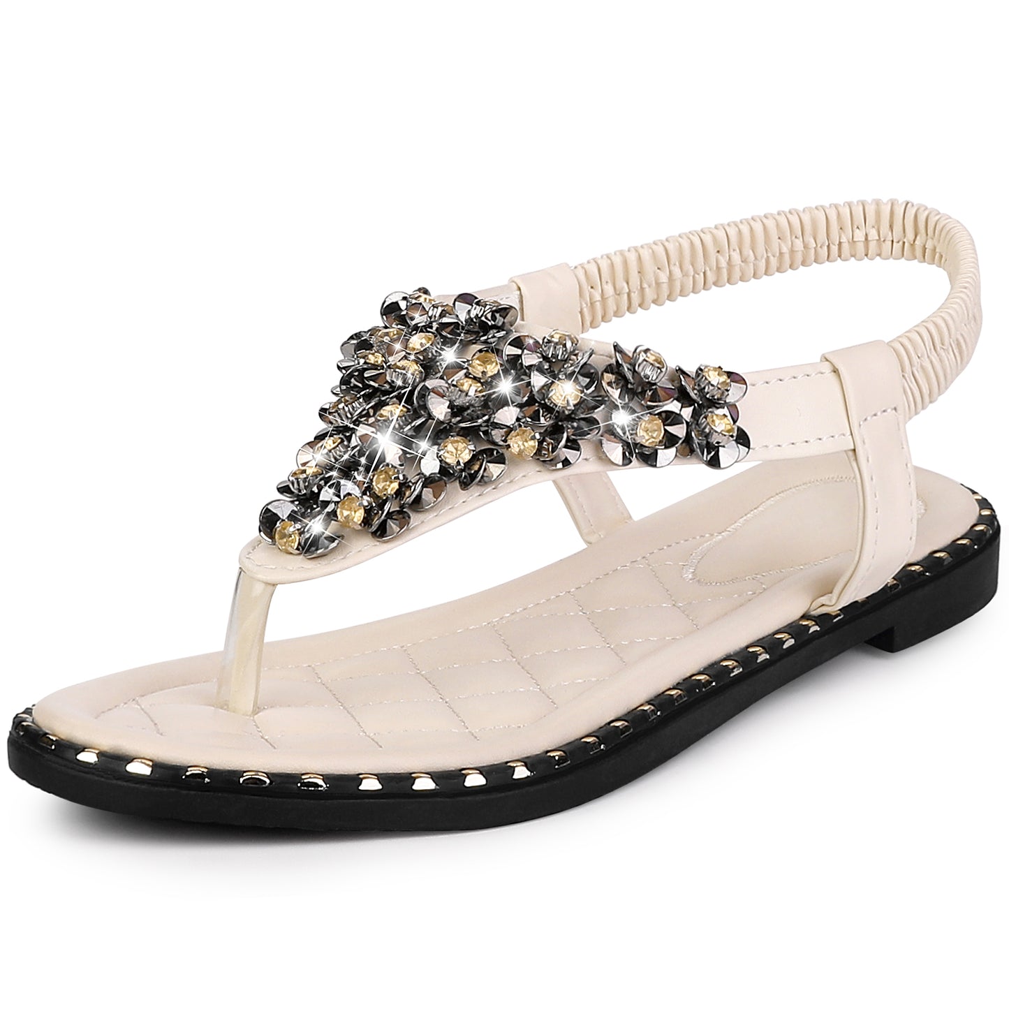 Women Rhinestone Elastic T-Strap Dressy Slip Flat Bohemian Flip Flop Sandals
