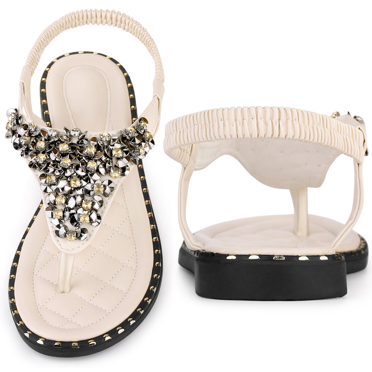 Sandalias planas bohemias con tiras elásticas en T y diamantes de imitación para mujer