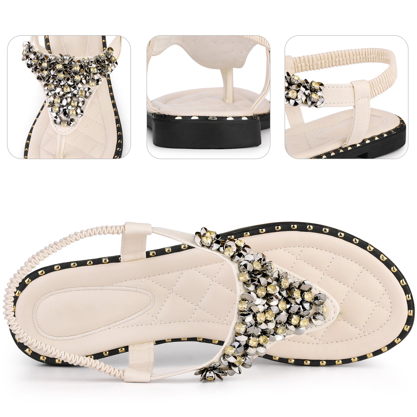 Women Rhinestone Elastic T-Strap Dressy Slip Flat Bohemian Flip Flop Sandals