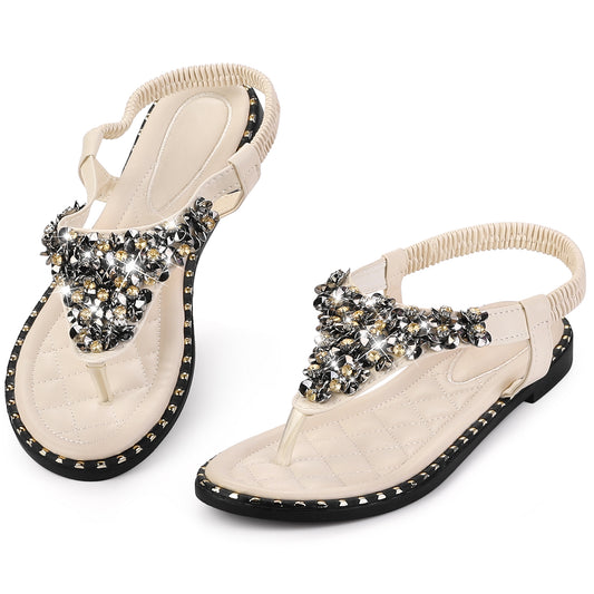 Sandalias planas bohemias con tiras elásticas en T y diamantes de imitación para mujer