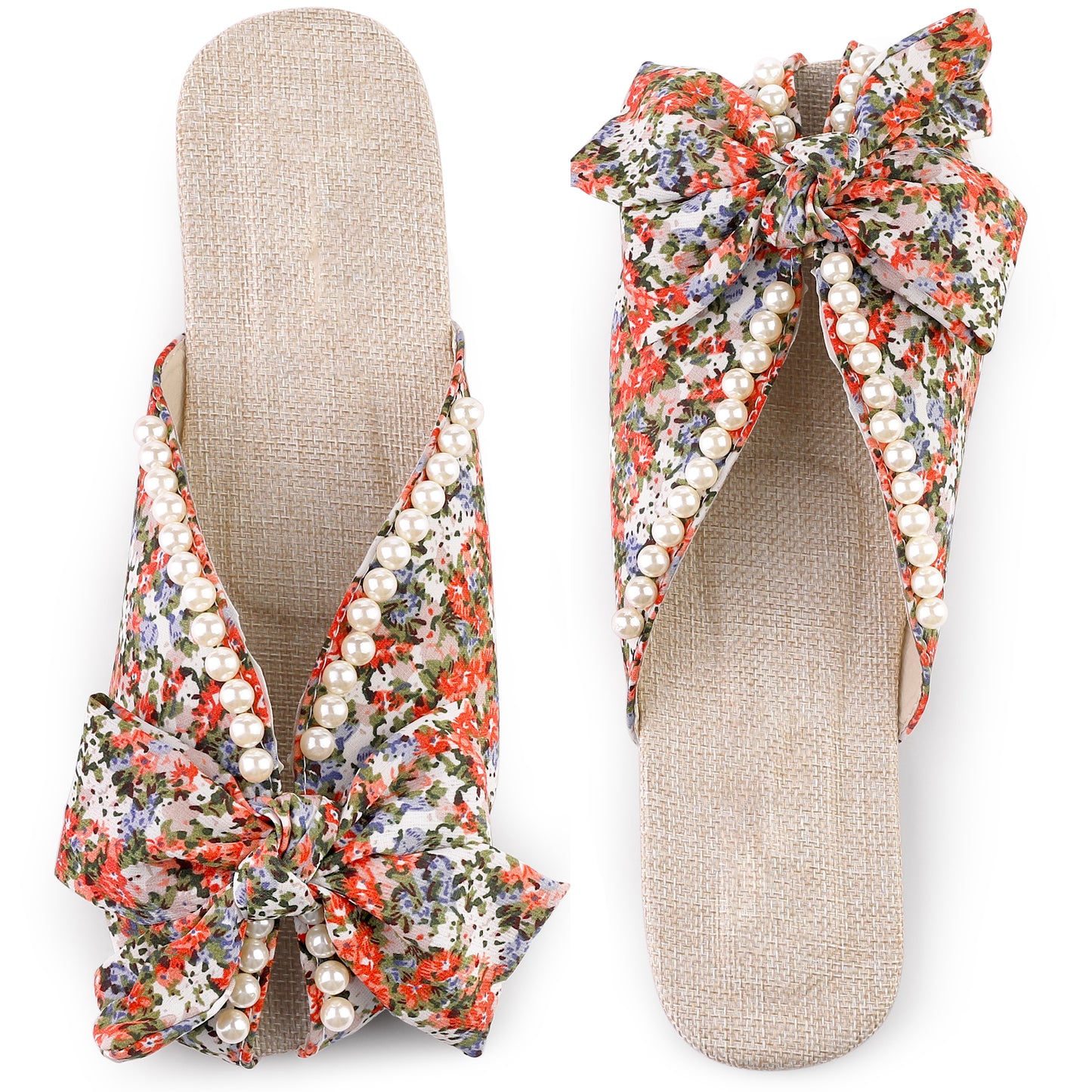 Sandalias planas con punta abierta y estampado floral para mujer, sin cordones, con perlas