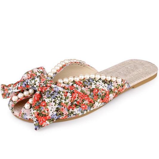 Sandalias planas con punta abierta y estampado floral para mujer, sin cordones, con perlas