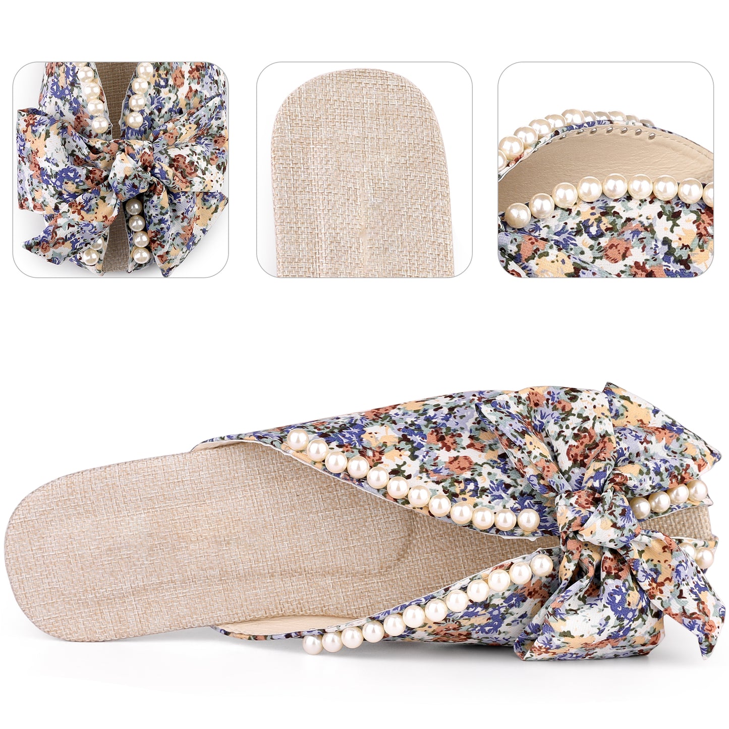 Women Floral Printed Peep Toe Slip On Pearl Flat Shoes Slides Mules
