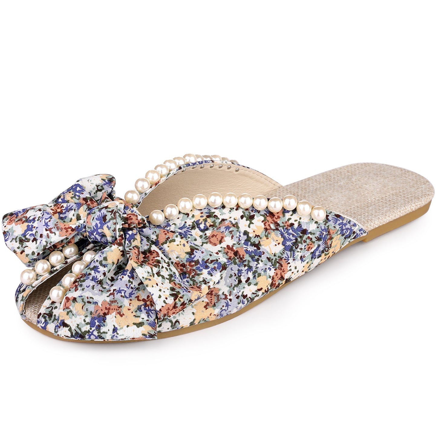 Women Floral Printed Peep Toe Slip On Pearl Flat Shoes Slides Mules